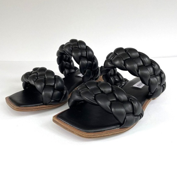 Steve Madden Black Braided Open Toe Slides Flats Sandals Vegan Faux Leather - Picture 6 of 16